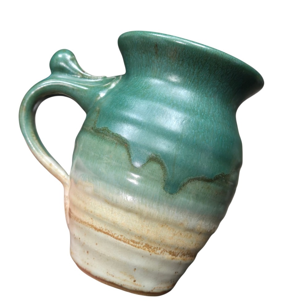 Handmade Studio Pottery Mug Featuring Green Tan Glaze Artist Signed MINT